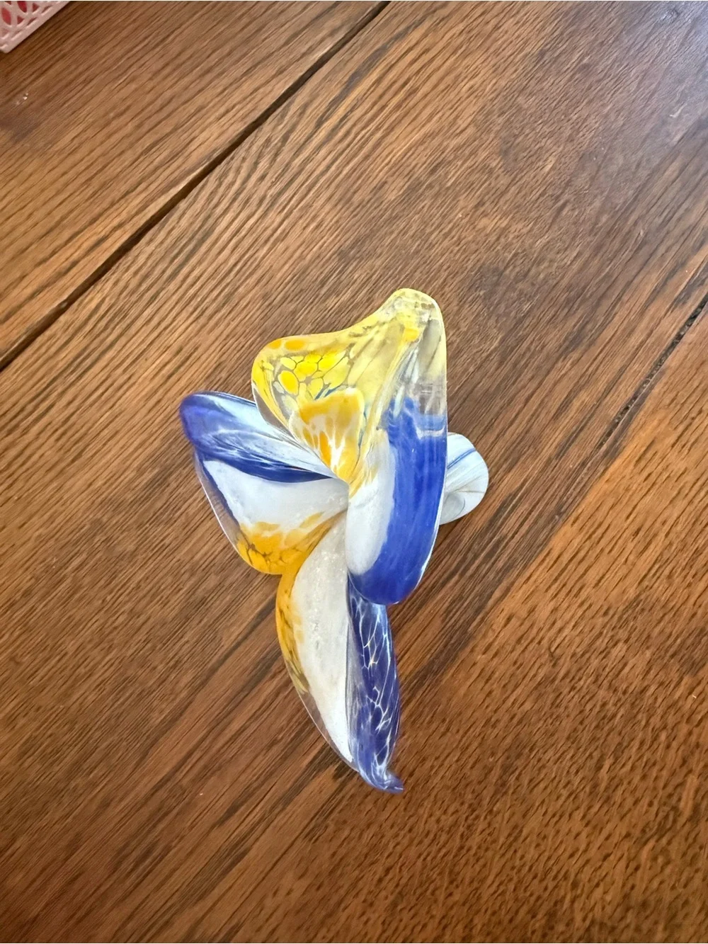 Handblown Art Glass Decorative flower in Blue, Yellow & White